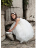 Square Neck Ivory Lace Tulle Tea Length Flower Girl Dress